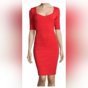 Bisou Bisou Red Fitted Midi Dress with Elbow Sleeves